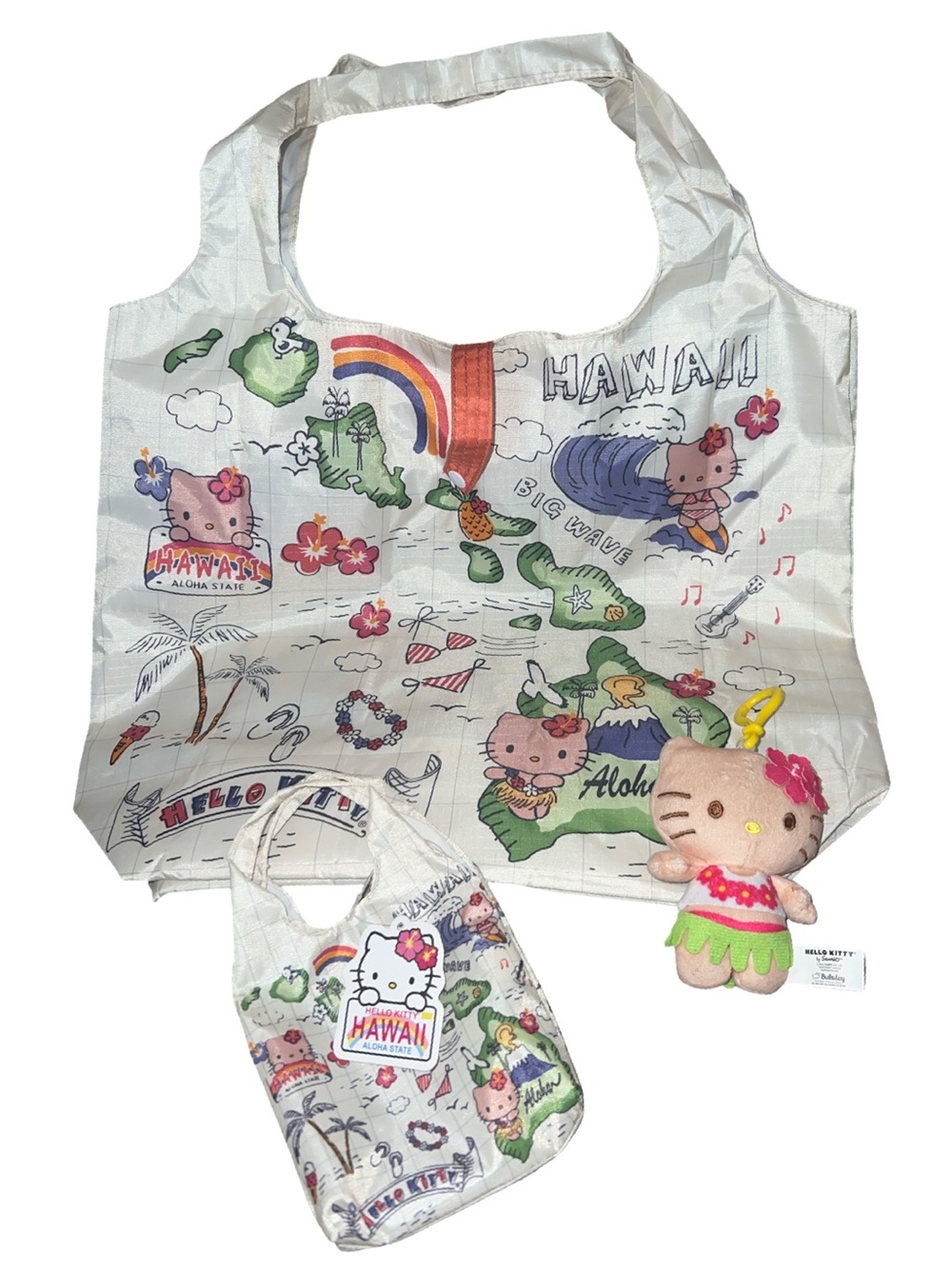 Sanrio Hello Kitty Hawaii Exclusive Tote, Mini Bag + Bag Clip Plush Bundle